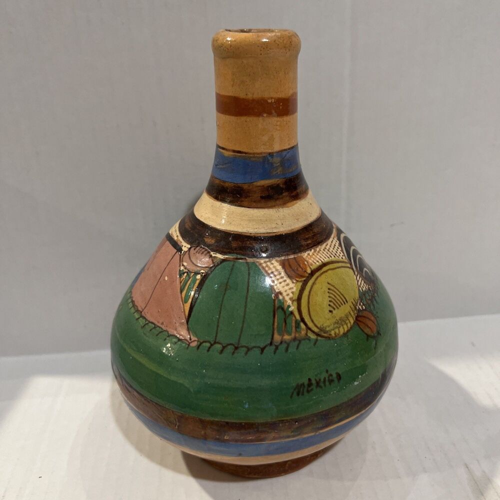 Vintage Vase Green 8"x5" Hand Painted Mexican Art Pottery